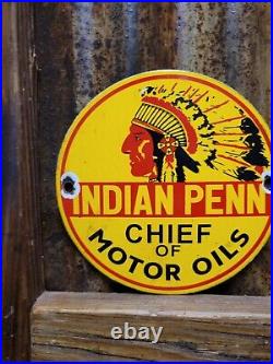 Vintage Indian Penn Porcelain Sign Gas Advertising Chief Of Motor Oil Pump Plate