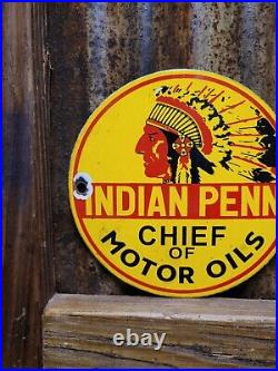 Vintage Indian Penn Porcelain Sign Gas Advertising Chief Of Motor Oil Pump Plate