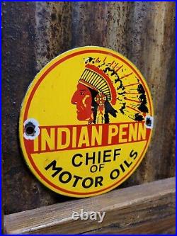 Vintage Indian Penn Porcelain Sign Gas Advertising Chief Of Motor Oil Pump Plate