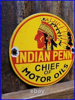 Vintage Indian Penn Porcelain Sign Gas Advertising Chief Of Motor Oil Pump Plate