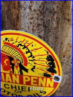 Vintage Indian Penn Porcelain Sign Gas Advertising Chief Of Motor Oil Pump Plate