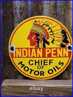 Vintage Indian Penn Porcelain Sign Gas Advertising Chief Of Motor Oil Pump Plate