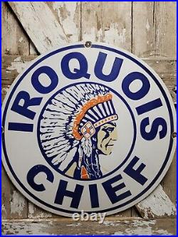 Vintage Iroquois Chief Porcelain Sign 30 Gasoline Dealer Rare Motor Oil Service