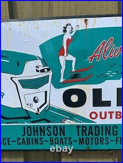 Vintage JOHNSON RARE Sign Oliver Outboard Motors Boat Marine Gas Oil Tin Tacker