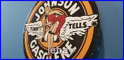 Vintage Johnson Gasoline Porcelain Gas Motor Oil Service Pin Up Girl Pump Sign