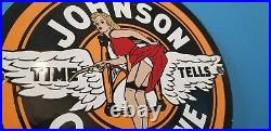 Vintage Johnson Gasoline Porcelain Gas Motor Oil Service Pin Up Girl Pump Sign