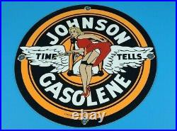 Vintage Johnson Gasoline Porcelain Gas Motor Oil Service Station Pump Plate Sign
