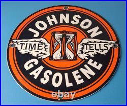 Vintage Johnson Gasoline Sign Time Tells Gas Motor Oil Pump Porcelain Sign