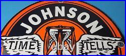 Vintage Johnson Gasoline Sign Time Tells Gas Motor Oil Pump Porcelain Sign