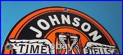 Vintage Johnson Gasoline Sign Time Tells Gas Motor Oil Pump Porcelain Sign