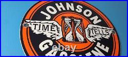 Vintage Johnson Gasoline Sign Time Tells Gas Motor Oil Pump Porcelain Sign