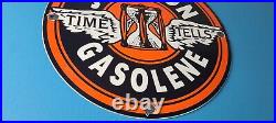 Vintage Johnson Gasoline Sign Time Tells Gas Motor Oil Pump Porcelain Sign