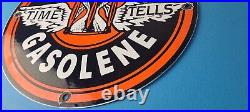 Vintage Johnson Gasoline Sign Time Tells Gas Motor Oil Pump Porcelain Sign