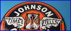 Vintage Johnson Gasoline Sign Time Tells Gas Motor Oil Pump Porcelain Sign