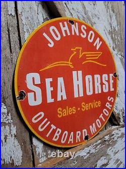 Vintage Johnson Seahorse Porcelain Sign Outboard Boat Motor Sales Dealer Gas Oil