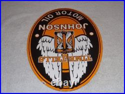 Vintage Johnson Time Tells Motor Oil Chicago Illinois 16.5 Porcelain Metal Sign