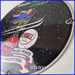 Vintage Kendall Motor Oil Sign Skiing Winter Sport Ad Gas Porcelain Sign