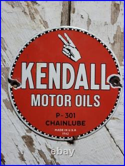 Vintage Kendall Porcelain Sign Old 6 Chainsaw Lube Car Truck Motor Oil 1942 Vintage Kendall Porcelain Sign Old 6 Chainsaw Lube Car Truck Motor Oil 1942