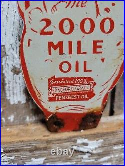 Vintage Kendall Porcelain Sign Old Tag Topper 2000 Mile Motor Oil Penzbest Hand