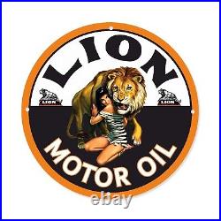 Vintage Lion Motor Oil Gas&oil Pump Service Pinup Girl Porcelain Enamel Sign