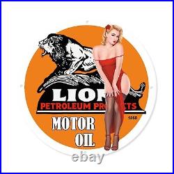 Vintage Lion Motor Oil Gas&oil Pump Service Pinup Girl Porcelain Enamel Sign