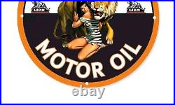 Vintage Lion Motor Oil Gas&oil Pump Service Pinup Girl Porcelain Enamel Sign