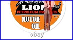 Vintage Lion Motor Oil Gas&oil Pump Service Pinup Girl Porcelain Enamel Sign