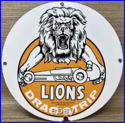 Vintage Lions Drag Strip Porcelain Sign Track Race Gas Station Motor Oil Pump Vintage Lions Drag Strip Porcelain Sign Track Race Gas Station Motor Oil Pump
