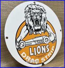 Vintage Lions Drag Strip Porcelain Sign Track Race Gas Station Motor Oil Pump Vintage Lions Drag Strip Porcelain Sign Track Race Gas Station Motor Oil Pump
