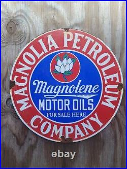 Vintage Magnolia Porcelain Sign Petroleum Motor Oil Gas Station Garage Farm Barn