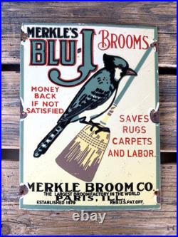 Vintage Merkle's Blue-j Brooms Motor Oil Porcelain Service Pump Station Gas Sign