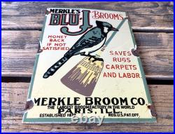 Vintage Merkle's Blue-j Brooms Motor Oil Porcelain Service Pump Station Gas Sign Vintage Merkle's Blue-j Brooms Motor Oil Porcelain Service Pump Station Gas Sign