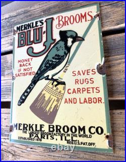 Vintage Merkle's Blue-j Brooms Motor Oil Porcelain Service Pump Station Gas Sign