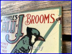Vintage Merkle's Blue-j Brooms Motor Oil Porcelain Service Pump Station Gas Sign