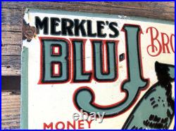 Vintage Merkle's Blue-j Brooms Motor Oil Porcelain Service Pump Station Gas Sign