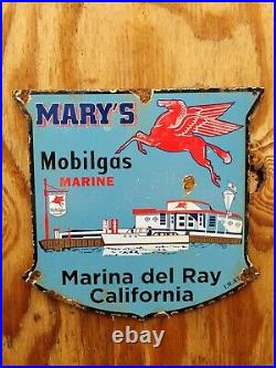 Vintage Mobil Porcelain Shield Sign Boat Gas Station Motor Oil California Marine