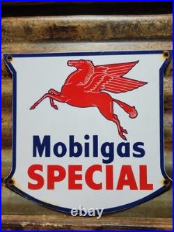 Vintage Mobil Porcelain Sign Old Mobilgas Special Gas Pump Shield 12 Motor Oil