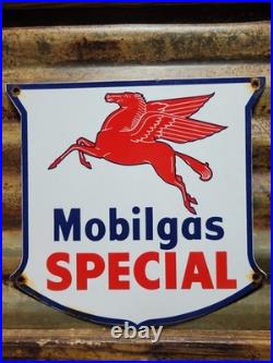 Vintage Mobil Porcelain Sign Old Mobilgas Special Gas Pump Shield 12 Motor Oil