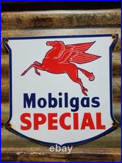 Vintage Mobil Porcelain Sign Old Mobilgas Special Gas Pump Shield 12 Motor Oil