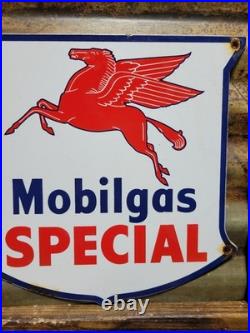 Vintage Mobil Porcelain Sign Old Mobilgas Special Gas Pump Shield 12 Motor Oil