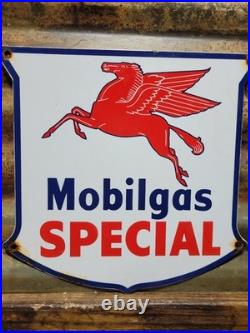 Vintage Mobil Porcelain Sign Old Mobilgas Special Gas Pump Shield 12 Motor Oil