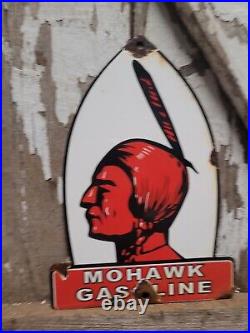Vintage Mohawk Gasoline Porcelain Sign Gas Station Red Indian Motor Oil Service