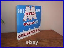 Vintage Monarch Outboard Motor Oil Sold Here Metal Flange Sign Double Sided Boat