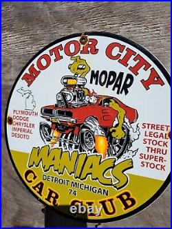 Vintage Motor City Car Club Porcelain Sign 1974 Mopar Detroit Michigan Gas Oil