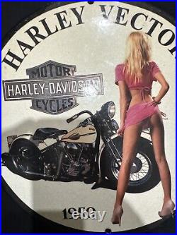 Vintage Motor Harley Davidson Pinup Girl Porcelain Gas Oil Motor Garage Ad Sign