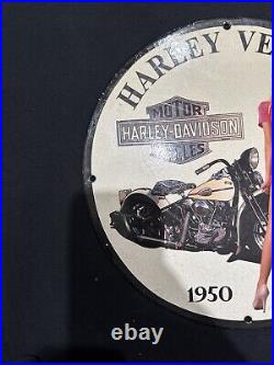 Vintage Motor Harley Davidson Pinup Girl Porcelain Gas Oil Motor Garage Ad Sign