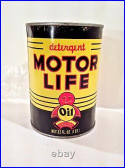 Vintage Motor Life Tin Metal One Quart Advertising Oil Can Sign Nice d