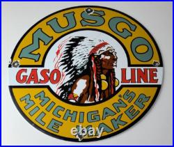 Vintage Musgo Gasoline Sign Gas Motor Oil Pump American Indian Porcelain Sign
