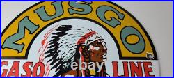 Vintage Musgo Gasoline Sign Gas Motor Oil Pump American Indian Porcelain Sign