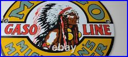 Vintage Musgo Gasoline Sign Gas Motor Oil Pump American Indian Porcelain Sign